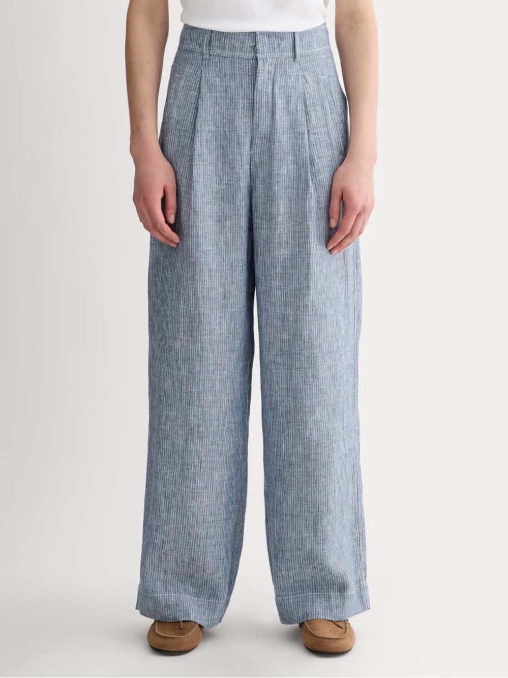 EVERLANE Striped Linen Way-High Drape Pleated Pant Wide Leg Size 10